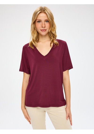 Faik Sönmez V Yaka Kısa Kol T-shirt W27tsh001 Bw27tsh00140 Bordo