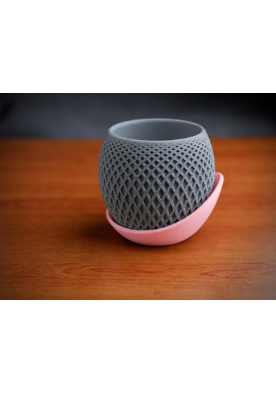 3d Baskı Küre Saksı - Kafes Dokulu İki Parçalı Dekoratif Saksı - Gri-pembe Çok Renkli