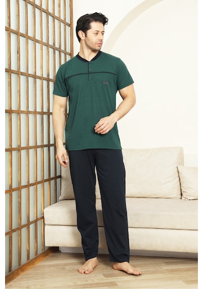 Enisena Erkek %100 Pamuk Pijama Takımı -3 Düğmeli-robalı 12383 Haki