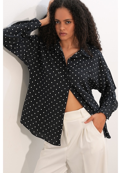 Bigdart Kadın Oversize Puantiyeli Gömlek 20392 - Siyah