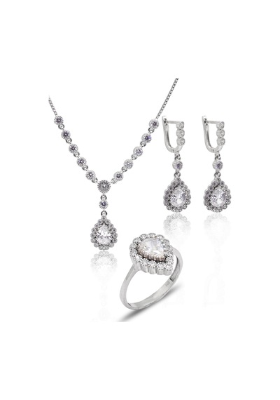 Zirkon Taşlı Damla Model 925 Ayar Gümüş Kadın Üçlü Set 201025665