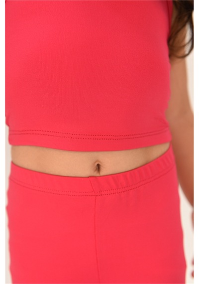 Luess Kız Çocuk Yumuşak Likralı Kumaş Crop Tayt Takım Fuşya