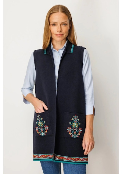 Desen Triko Polo Yaka Etek Ucu Kilim Desenli Uzun Kadın Yün Yelek 25055 Lacivert