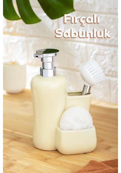 Porsima 277745 Sıvı Sabunluk Fırçalı Süngerlikli Sabunluk Krem