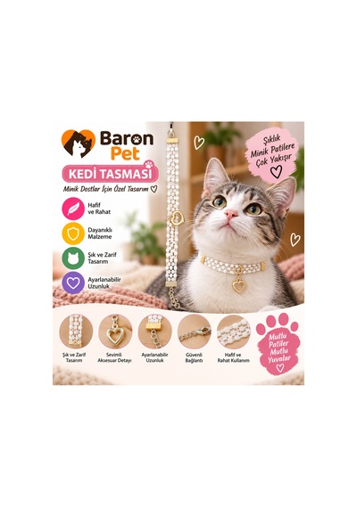 İnci Boncuklu Kedi Tasması Beyaz Altın Kalp Kolyeli 3 Sıra Ayarlanabilir Kedi Boyun Tasması