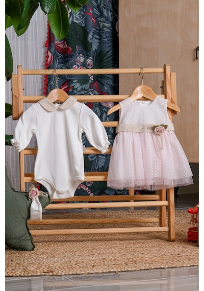 Lamato Baby Simli Tüllü Çiçek Aksesuarlı Bebe Kız Mevlütlük Badili Bandanalı Elbise Pembe