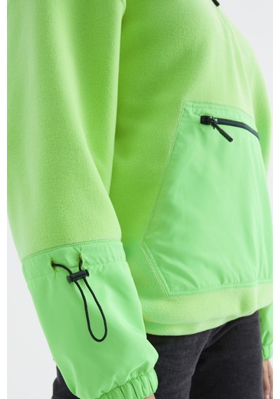 Tommy Life Neon Yeşil Etek Ucu Büzgülü Yarım Fermuarlı Oversize Kadın Polar Sweatshirt - 97238 Neon Yeşil