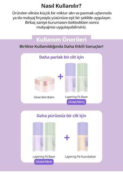 Renk Eşitsizliklerini Nötrleyen Pürüzsüzleştiren Nemlendirici Makyaj Bazı Layering Fit Base Violet