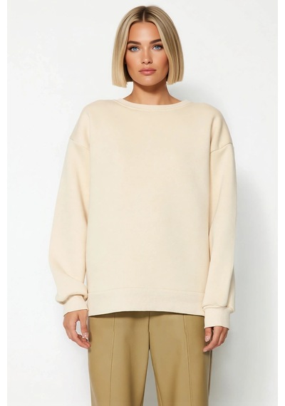 Benerly Kadın Bisiklet Yaka Düşük Kol Oversize Kalın Örme Sweatshirt Fonk Taş