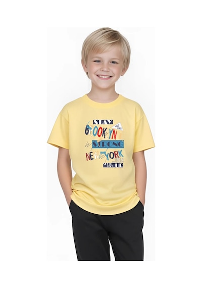 Panios Kids Brooklyn Strong Baskılı Erkek Çocuk Kısa Kollu T-shirt Sarı