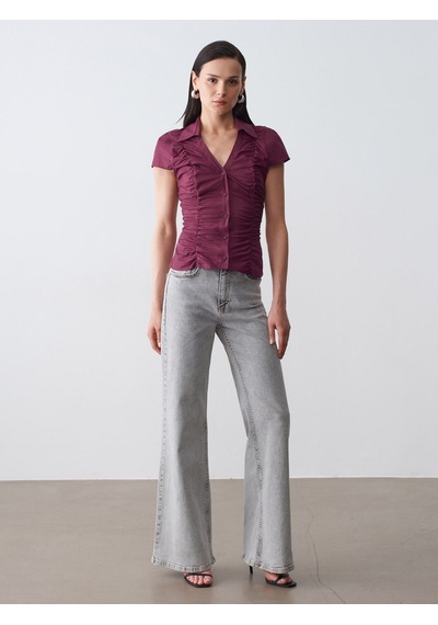 Dilvin 50546 %100 Pamuk Büzgülü Poplin Top-bordo