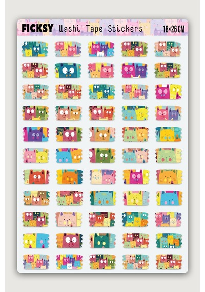 Sevimli Kedi Temalı Washi Tape Bant Sticker Seti - 55 Adet Şekilli Bant Etiket Çıkartma Diğer