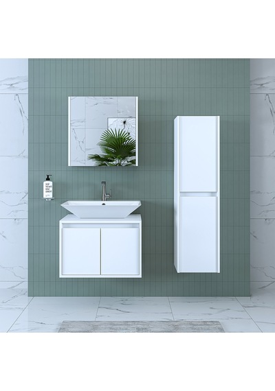 Banos Banyo Roomart Lavabolu Mat Beyaz Mdf 65 Cm Banyo Dolabı+Ayn Mat Beyaz