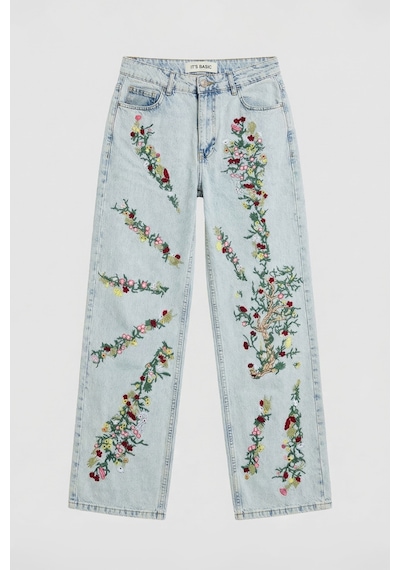 Itsbasic Kadın Kot Rengi 3s6-75 Straight Fit Çiçek Nakışlı Özel Tasarım Denim Jean Mavi