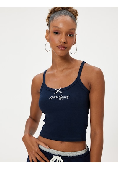 Koton Askılı Atlet Fiyonk Detaylı Slogan Nakışlı Slim Fit Lacivert 4sal30365ık Lacivert