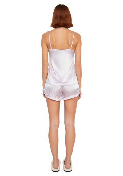 Ersefa Kadın Saten Fırfırlı İnce Askılı Pijama Takımı Fonksiyonel Dayanı lila