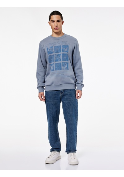 Koton Uzun Kollu Bisiklet Yaka Şardonlu Baskılı Sweatshirt Mavi 6wam70044mk