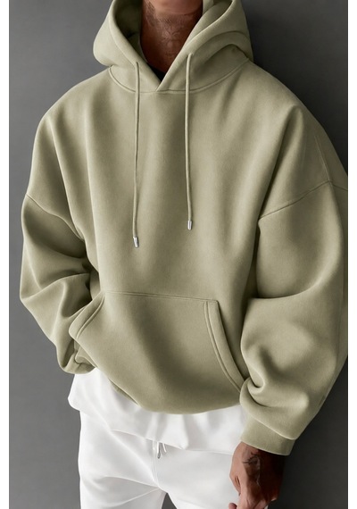 Tarz Cool Regular Kapüşonlu Sweatshirt Erkek Unisex 3 İplik Şardonlu %100 Pamuk Basic Hoodie Haki