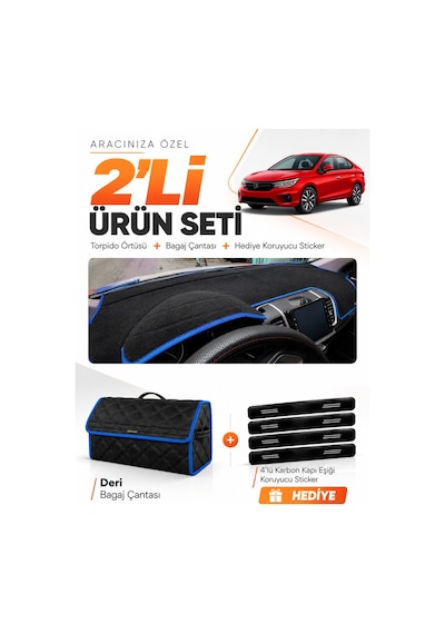 E-biz Honda Cıty 2020-2024 Uyumlu Torpido Örtüsü + Deri Bagaj Çantası Seti - Siyah-mavi - Ho003