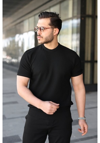 Veraura Lifestyle Erkek Bisiklet Yaka Petek Dokulu Kısa Kollu Triko Tişört Siyah