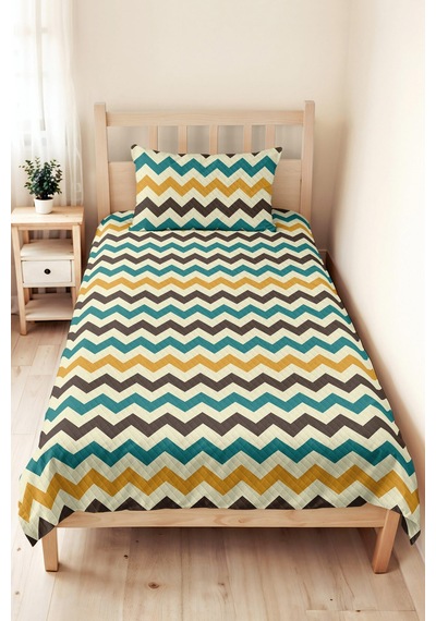 Zigzag Etnik Geometrik Genç Odası Tek Kişilik Pike Takımı - Sarı Antrasit 160x220 Cm Yatak Örtüsü Ekru