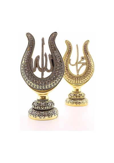 Orta Boy Biblo 22 Cm Lale Lafız 2'li Gold Allah Muhammed Polyester Üzerine Metal Kaplama Biblo