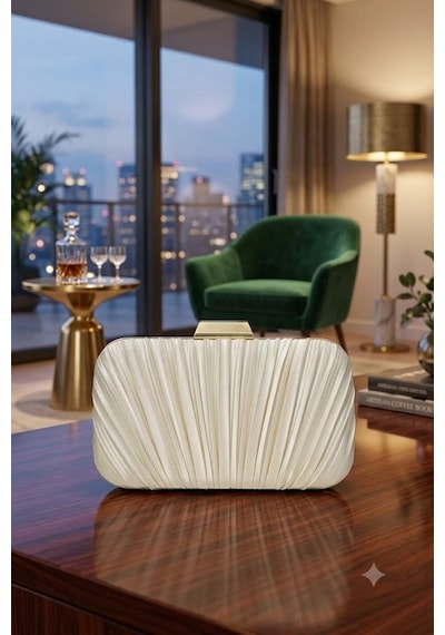 Zeyymoda Bej Pilse Desenli Abiye Çanta Pile Desen Abiye Çanta Ve Clutch Portföy El Gece Düğün Nişan Abiye Çantası