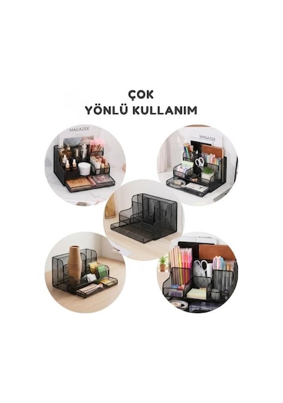 Temel Siyah Metal Mesh Masaüstü Organizer Çekmeceli Çok Bölmeli 25x17x16 Cm 9527b