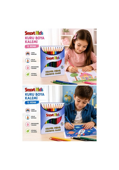 12 Li Kuru Boya Kalemi 1 Paket Smart Kids 12 Renk Kuruboya Kısa Boy Canlı Renkli Boya Kalem Okul Öğrenci Çok Renkli