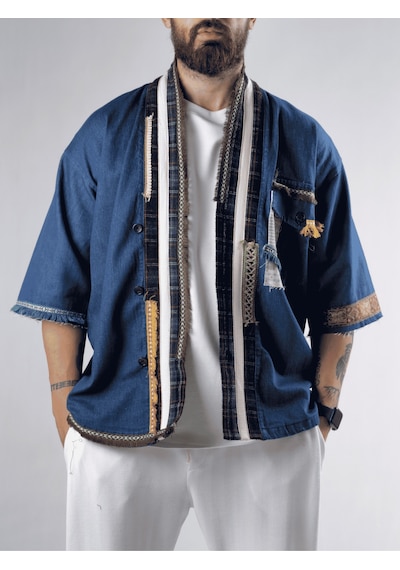 Tasarım Denim Erkek Kimono Coc3212 Mavi
