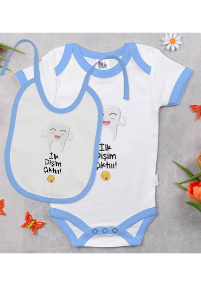 Bk Kids İlk Diş Tasarımlı Mavi Bebek Body Zıbın Ve Mama Önlüğü He Çok Renkli
