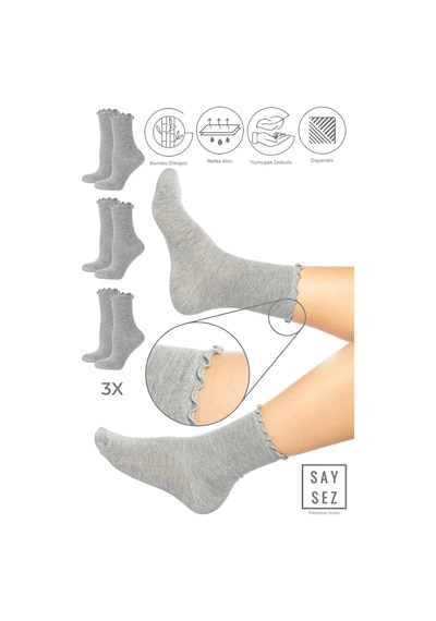 Saysez Bambu Kadın Lastiksiz Gri Fırfırlı Soket Dikişsiz Çorap 3'lü Paket / İz Bırakmaz / Sıkmayan Çorap Renkli