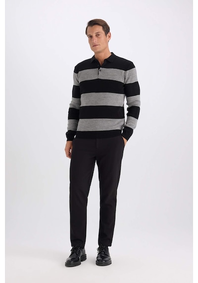 DeFacto Standart Fit Normal Kesim Çizgili Polo Yaka Triko Kazak Y4194AZ24WNBK27