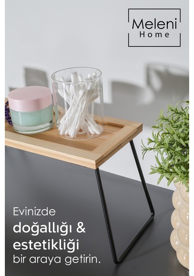 Dekoratif Bambu Raf - Mutfak Banyo Düzenleyici Aksesuar Organizeri Makyaj Parfüm Standı 36x12 Cm Bej