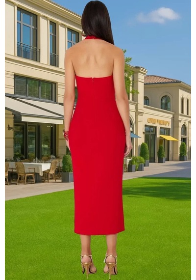 Ersefa Kadın Bodycon Midi Elbise Kare Yaka Finike Dokuma Yazlık Şık Elbi Kırmızı