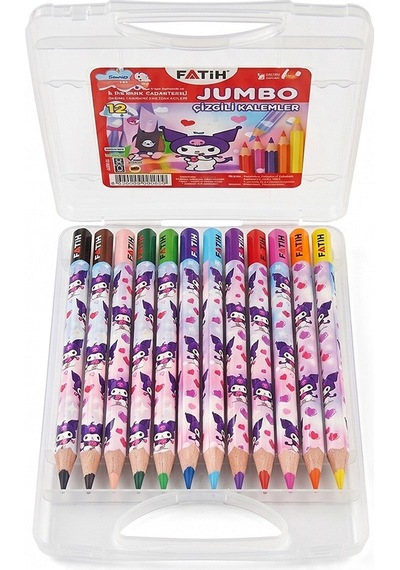 12 Li Jumbo Kuru Boya Kalemi Plastik Kutu 1 Paket Fatih Kuromi Figürlü Kalın 12 Renk Kuruboya Tam Boy Renkli Kalem Çok Renkli