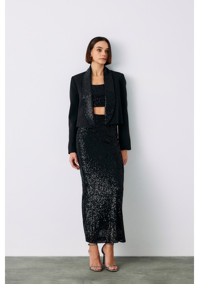 Sateen Pul Payetli Midi Etek - Siyah-135196 Siyah