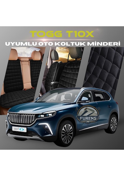 Togg T10x Siyah Renk Tay Tüyüü Cepli & Terletmez Sırtlı Oto Koltuk Minder Seti - Koltuk Koruma Kılıfı Ön & Arka Tam Set