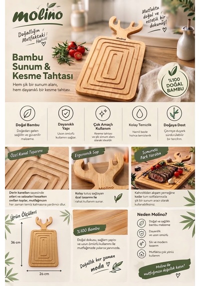 Molino Dekoratif Bambu Sunumluk Kesme Tahtası Bambu Ahşap