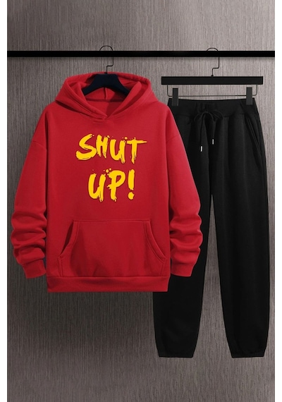 Uyguntarz Unisex Shut Up Baskılı Eşofman Takımı Kırmızı
