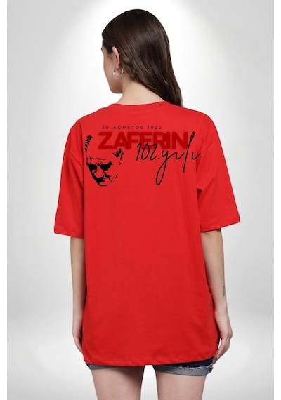 30 Ağustos Zafer Bayramı Atatürk İmzası Kırmızı Oversize Unisex Ön Ve Sırt Baskılı Tişört Kırmızı