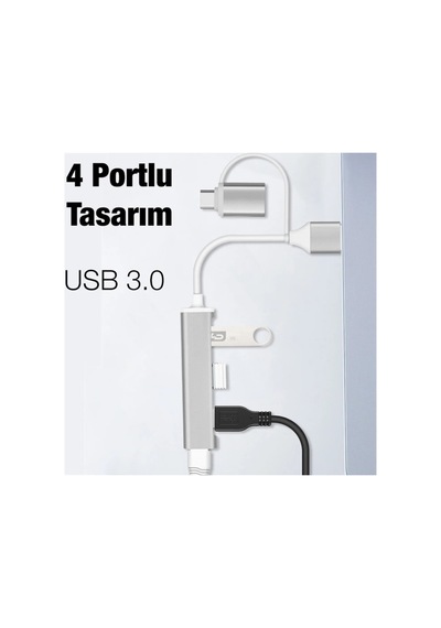 Ally A-806 4in1 Type-c + Usb Girişli Usb 3.0 Çoğaltıcı Hub Adaptör Çevirici- - Karbul7668-7 Gri