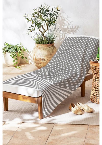 Puantiyeli Çizgili Gri Beyaz Plaj Havlusu - Minimalist Modern Tasarım Hızlı Kuruyan Mikrofiber Havlu Çok Renkli