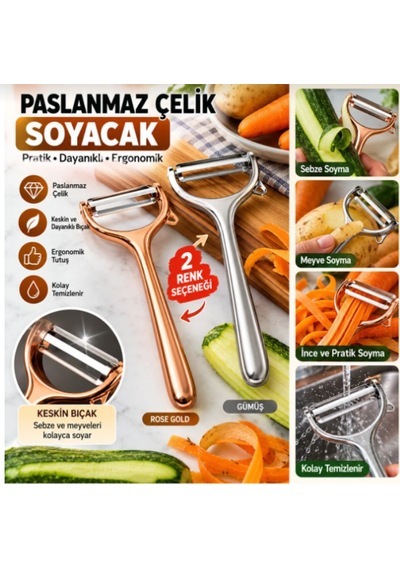 Paslanmaz Çelik Sebze Soyacak 2 Renk Seçenekli Keskin Bıçaklı Ergonomik Mutfak Soyma Aparatı Gümüş