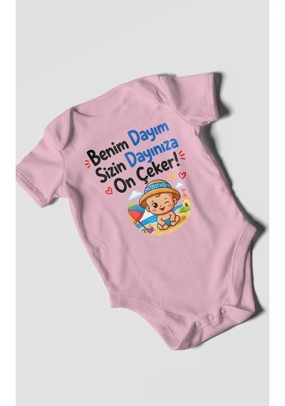 Morivokids Benim Dayım, Sizin Dayınıza On Çeker Kısa Kollu Bebek Body %100 Pamuk Koyu Pembe