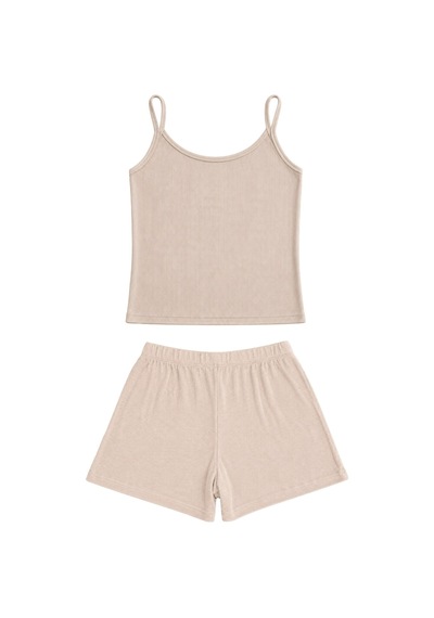 Cottonill Premium - Neat Collection Bej Rib Dokulu İnce Askılı Modal Viskon Şortlu Kadın Pijama Takımı