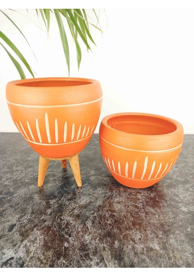 BİTKİ TASARIMI EV DEKORASYON DİK ÇİZGİ DESENLİ TERRAKOTA TOPRAK SAKSI SAKSILIK SALON ÇİÇEKLİK İKİLİ SET AYAKSIZ - 3 AYAKLI- 15 CM