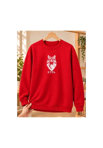 Mor Mürekkep Bozkurt Başı Ve Göktürk Yazısı Baskılı Bisiklet Yaka Sweatshirt - Kırmızı