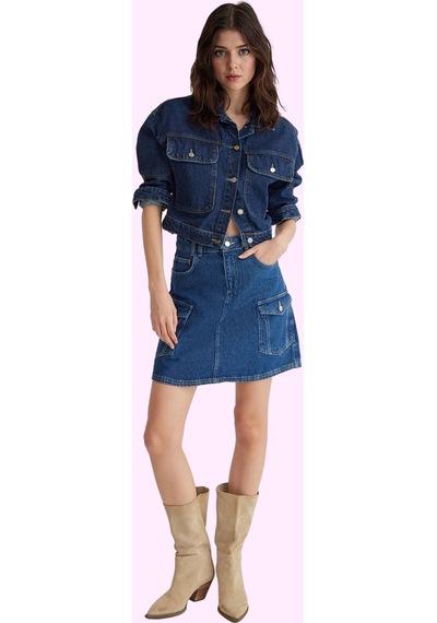Frm Kadın Pamuklu Denim Kargo Cepli Mini Etek Rahat Günlük Stil Hafta Mavi