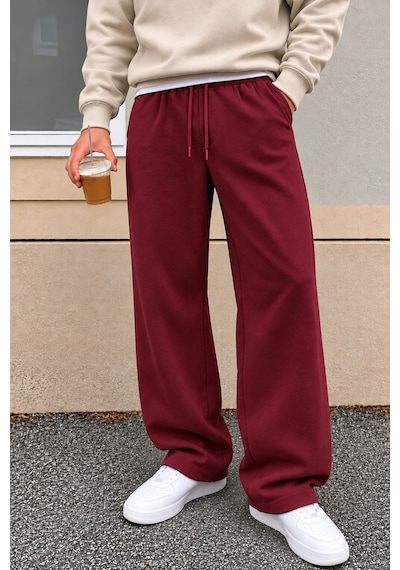 Tarz Cool Erkek Oversize Baggy Fit Eşofman Altı %100 Pamuk 3 İplik Şardonlu Bol Paça Rahat Kesim Bordo